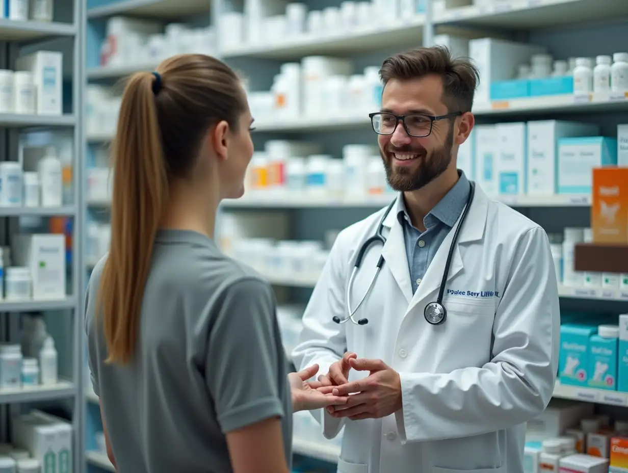 Friendly pharmacist assisting customers in a modern pharmacy filled with various medications and health products