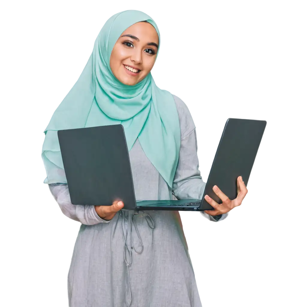 Smiling-Woman-in-Hijab-Holding-Laptop-HighQuality-PNG-Image-for-Versatile-Use