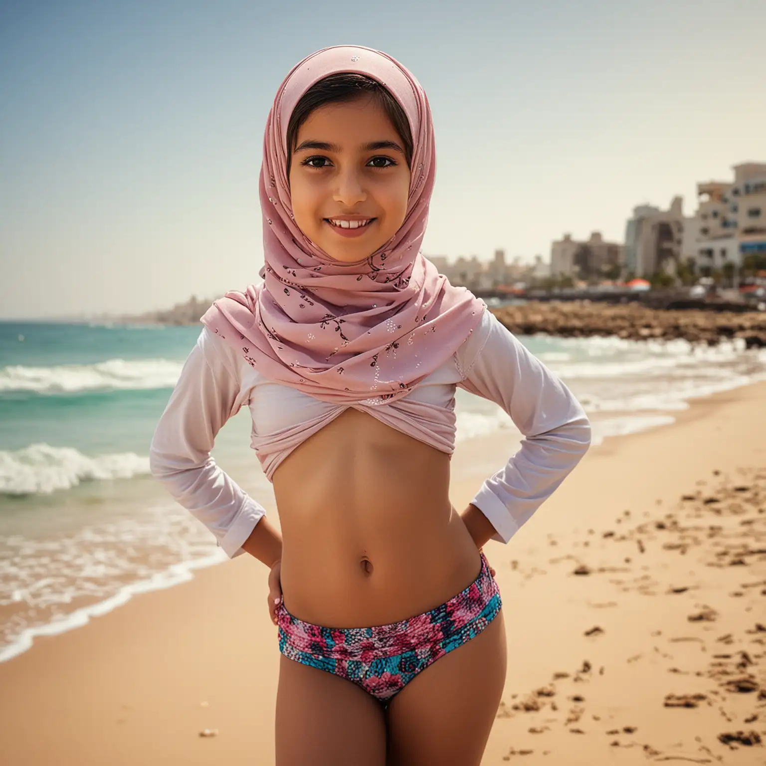 Young-Arab-Girl-in-Head-Hijab-and-Bikini-Bottom-at-the-Beach