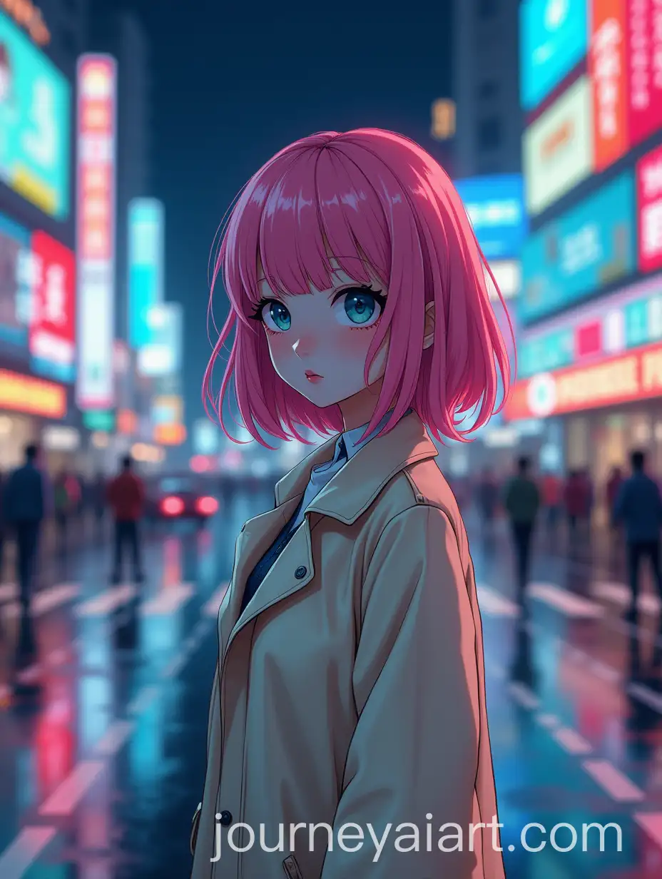 Stunning-Woman-with-Pink-Hair-in-Pastel-Raincoat-at-Bustling-Night-Crosswalk