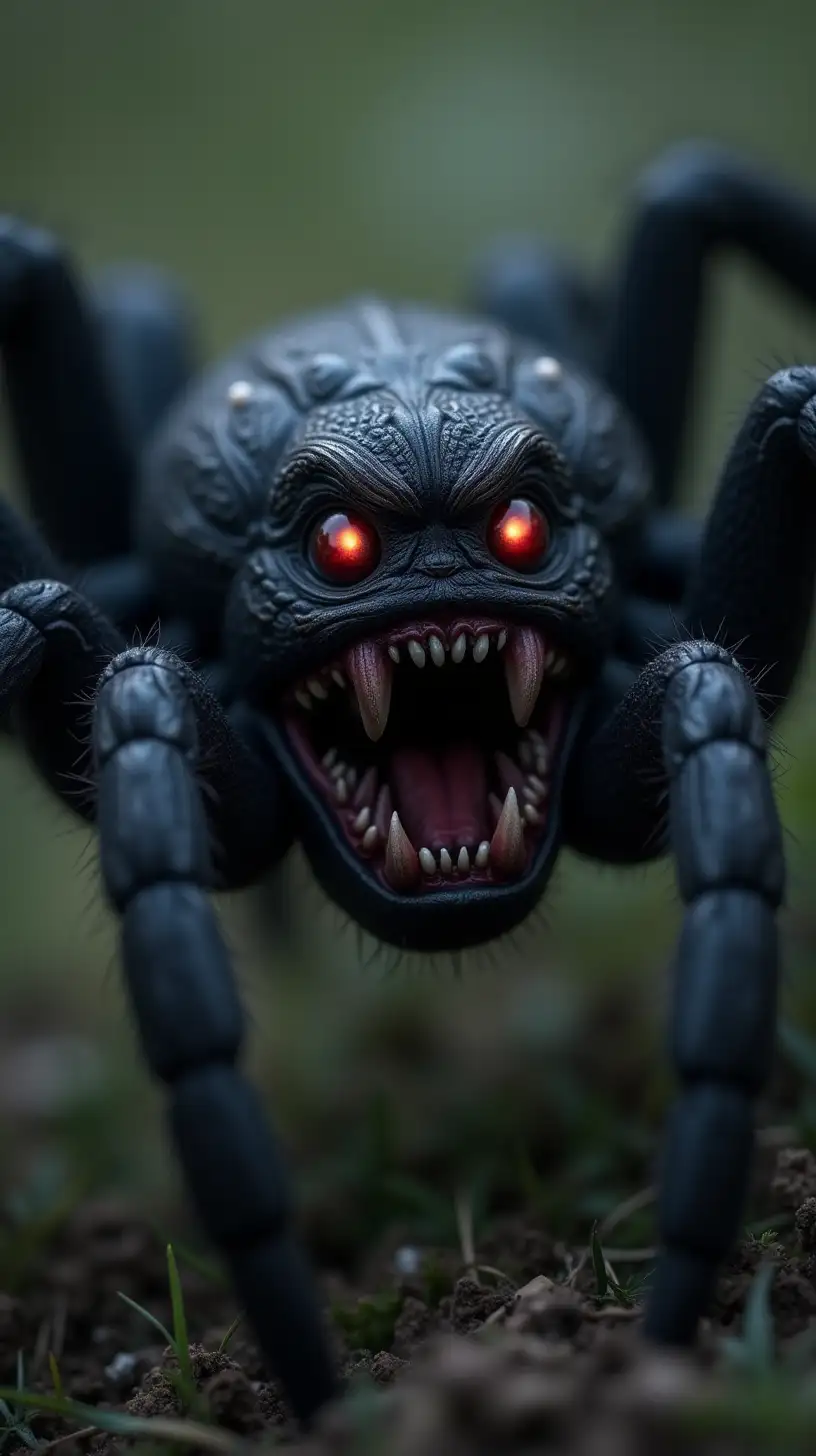 Detailed Big Black Spider with Scary Eyes and Open Mouth