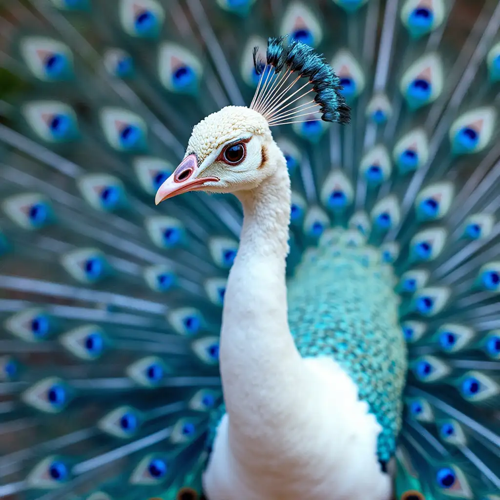 white peacock with blue and white feathers