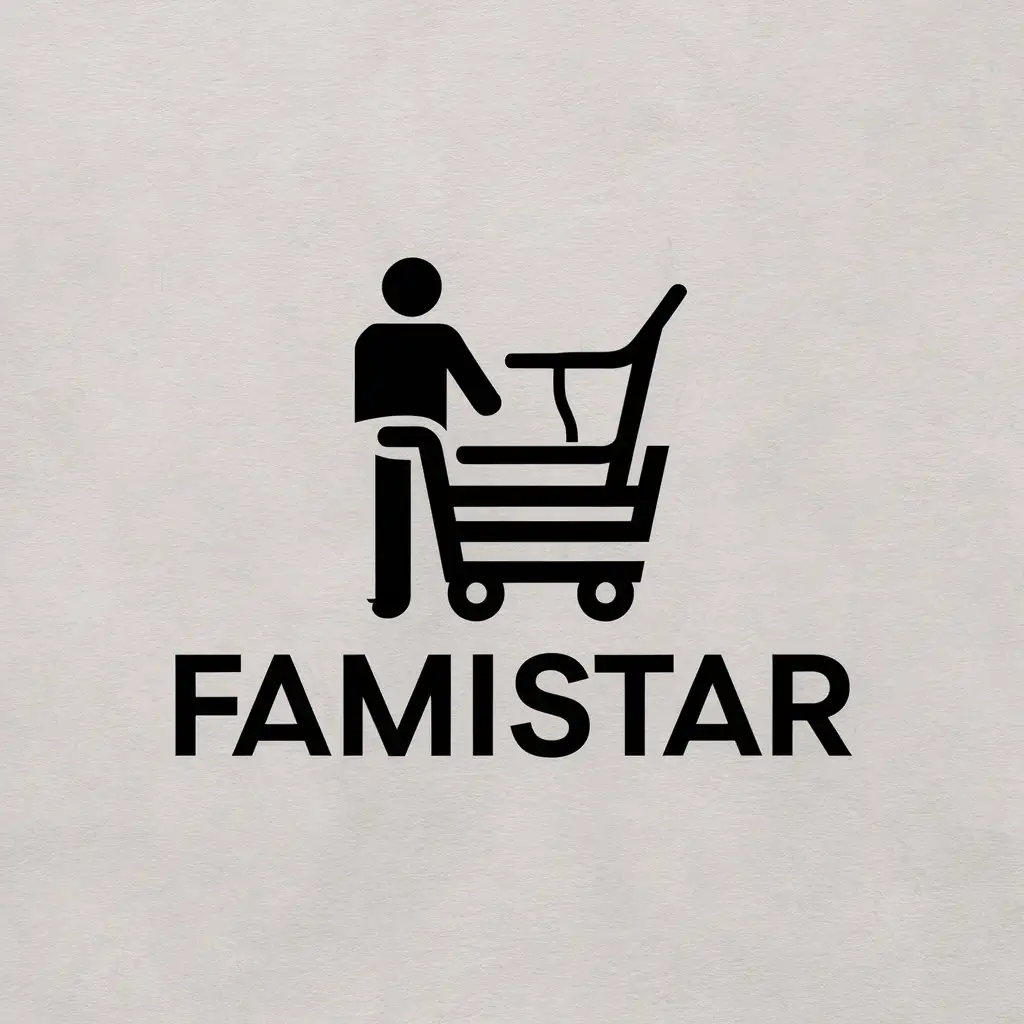 a vector logo design,with the text "Famistar", main symbol:a man with a shopping cart with a treadmill in it,Minimalistic,be used in Sports Fitness industry,clear background