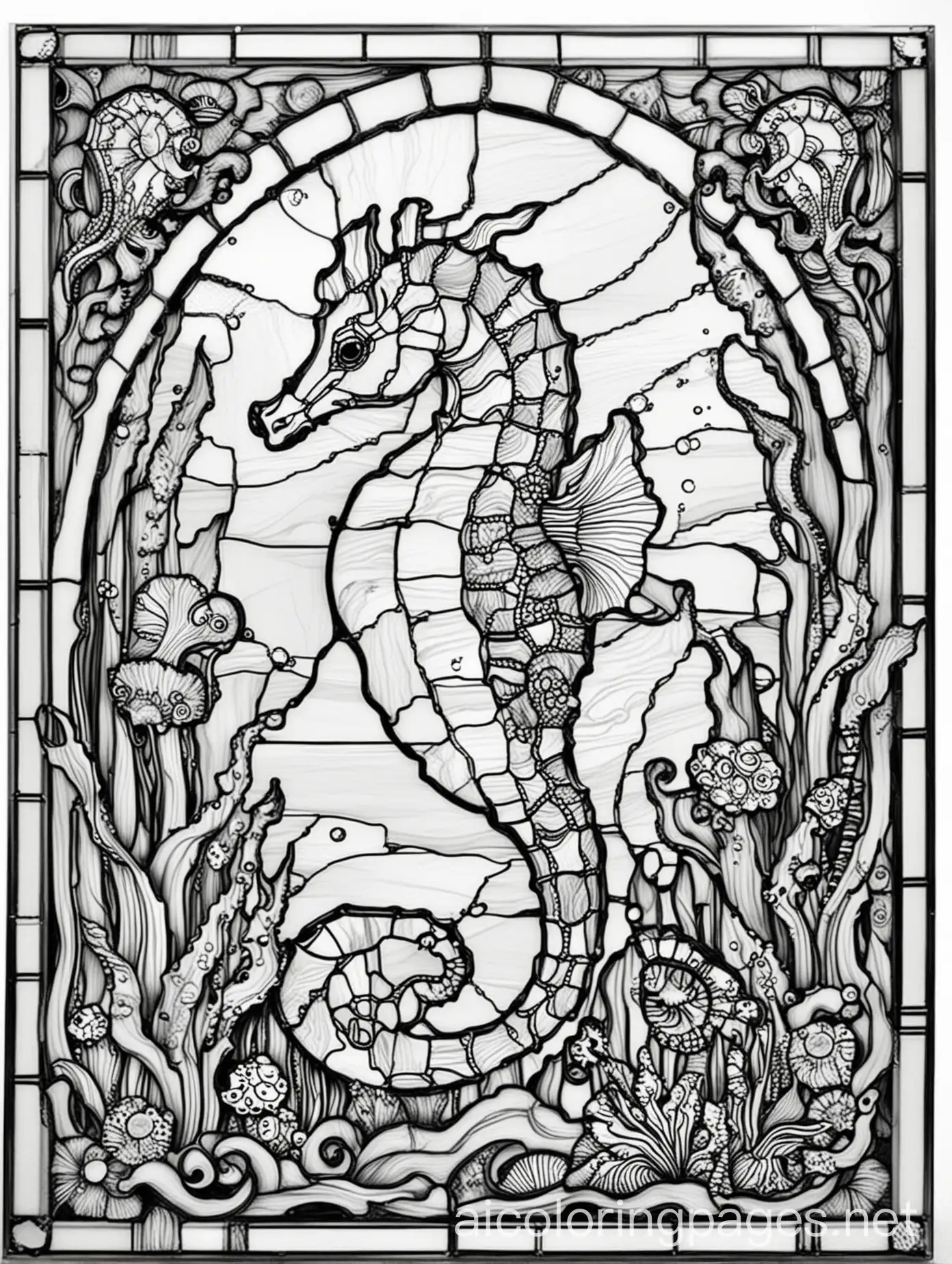 Stained-Glass-Coloring-Page-with-Seahorse-and-Sea-Creatures