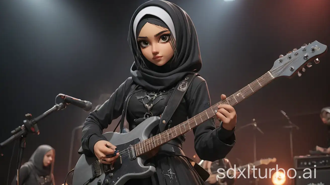 Gothic-Girl-in-Hijab-Playing-Guitar-on-Stage-with-Metal-Band