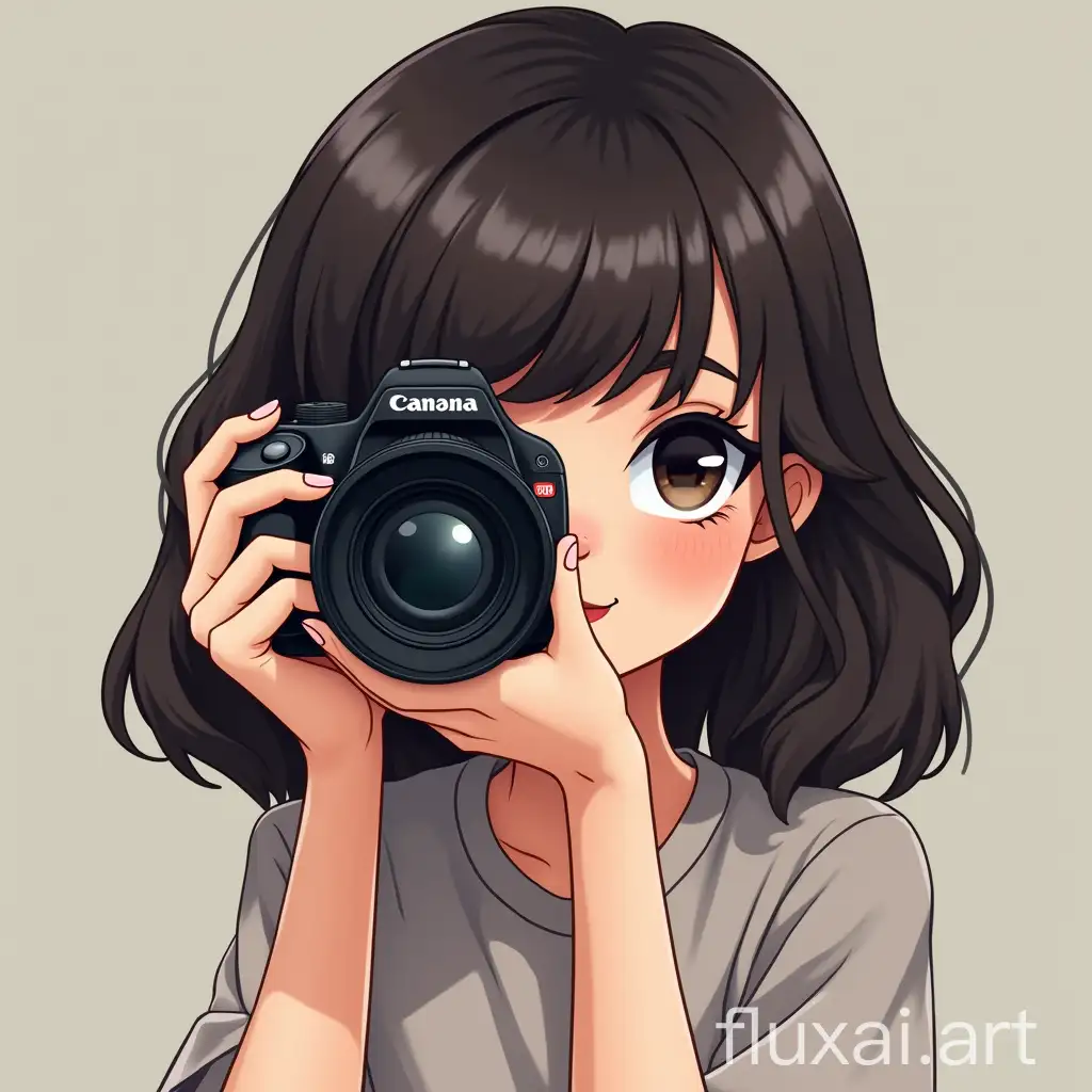 A stylish, modern logo for the photographer to reflect the personality of the photographer, not bright, to depict the camera on it so that it is clear that the logo belongs to the photographer, realistic, girl with camera, A girl who looks like Svetlana, Girl with bangs, More eyelids, more realistic