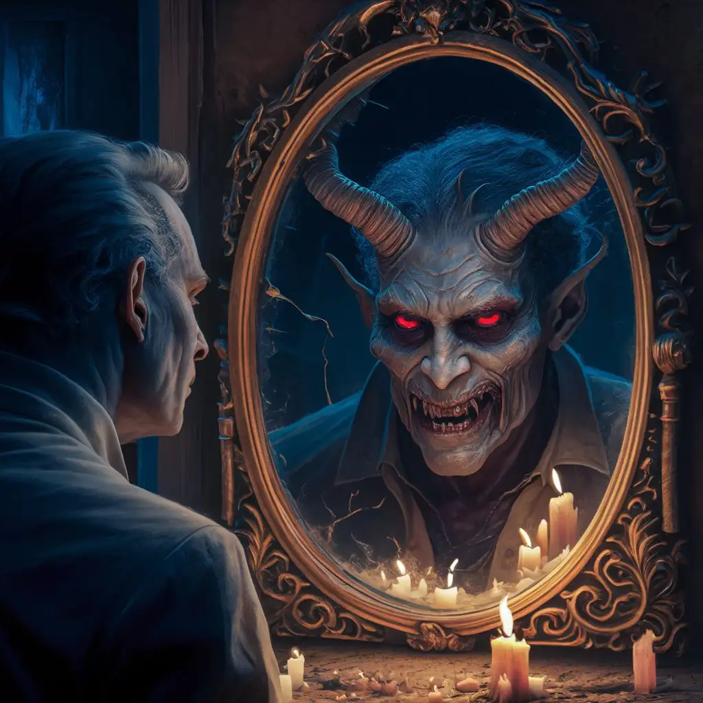 Man Confronts Demon in Mirror