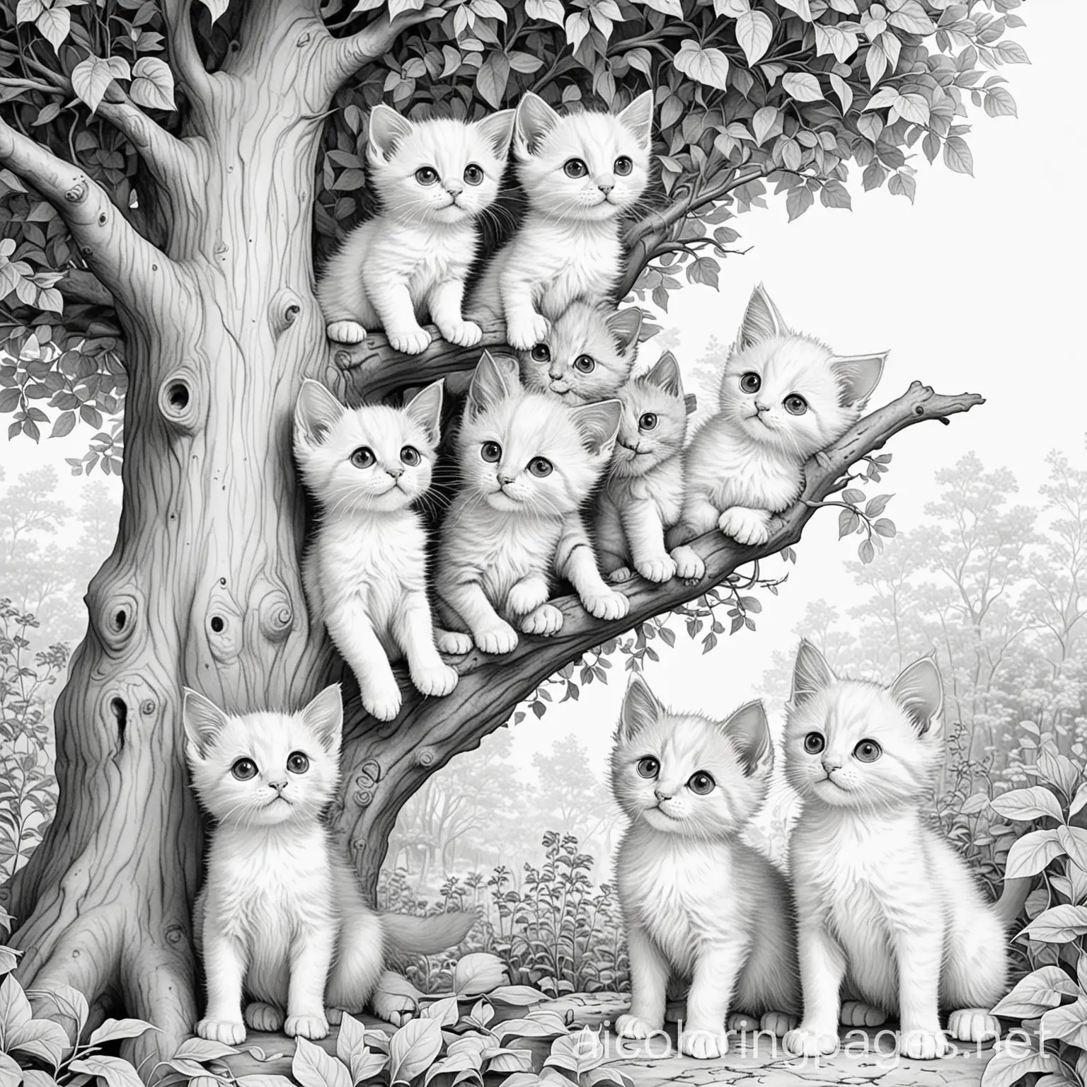 B&W  MULTIPLE kitten PLAYING around tree , Coloring Page, black and white, line art, white background, Simplicity, Ample White Space. The background of the coloring page is plain white to make it easy for young children to color within the lines. The outlines of all the subjects are easy to distinguish, making it simple for kids to color without too much difficulty