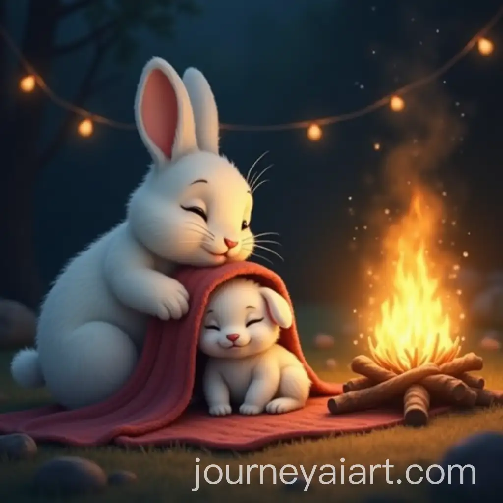 White-Rabbit-Covering-Sleeping-Puppy-with-Blanket-by-Campfire