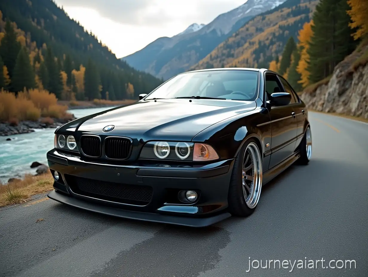 Black-BMW-E39-Liberty-Walk-Style-Parked-by-River-on-Mountain-Road