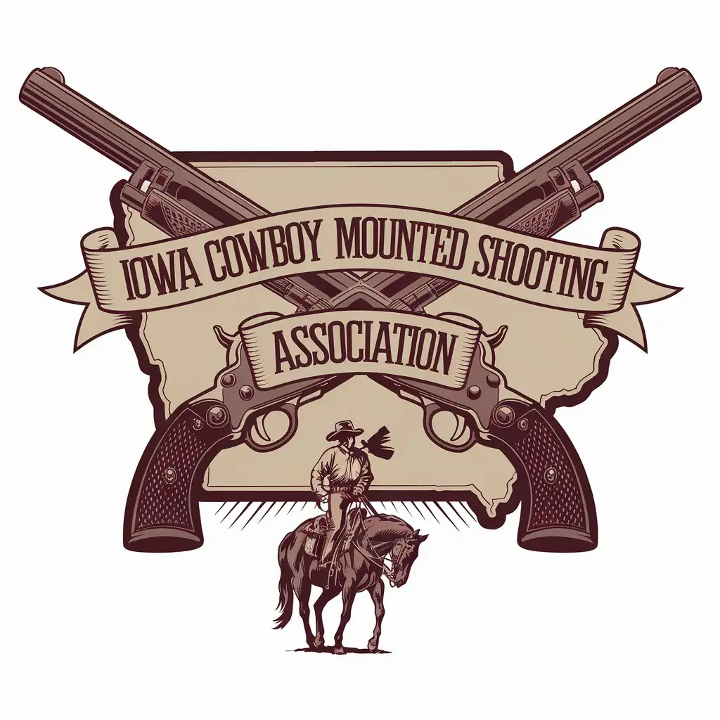 LOGO Design for Iowa Cowboy Mounted Shooting Association Vintage Style with State Outline Revolvers Ribbon and Cowboy Hat