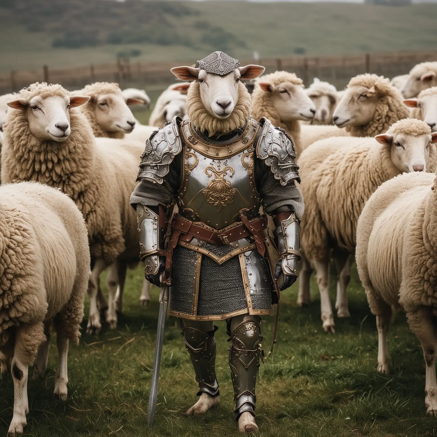 Sheep Wearing Armor in a Fantasy Landscape