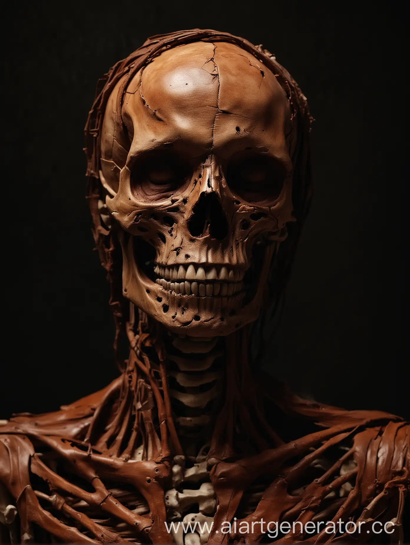 human skeleton made of skin and bones, dry skin, everything in burgundy orange tones, human face covered in leather, deformed, dim lighting, darkness,