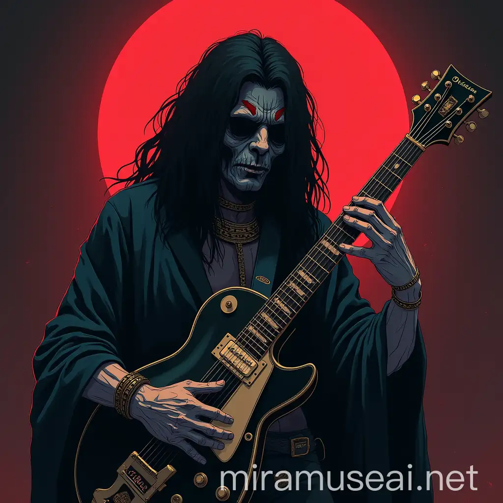 Anime Character Playing Guitar in Dark Horror Tribal Style