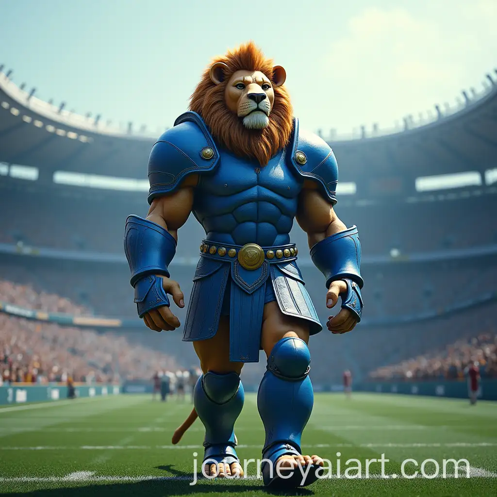 Giant-Humanoid-Lion-in-Ancient-Armor-Standing-Amidst-Football-Fans