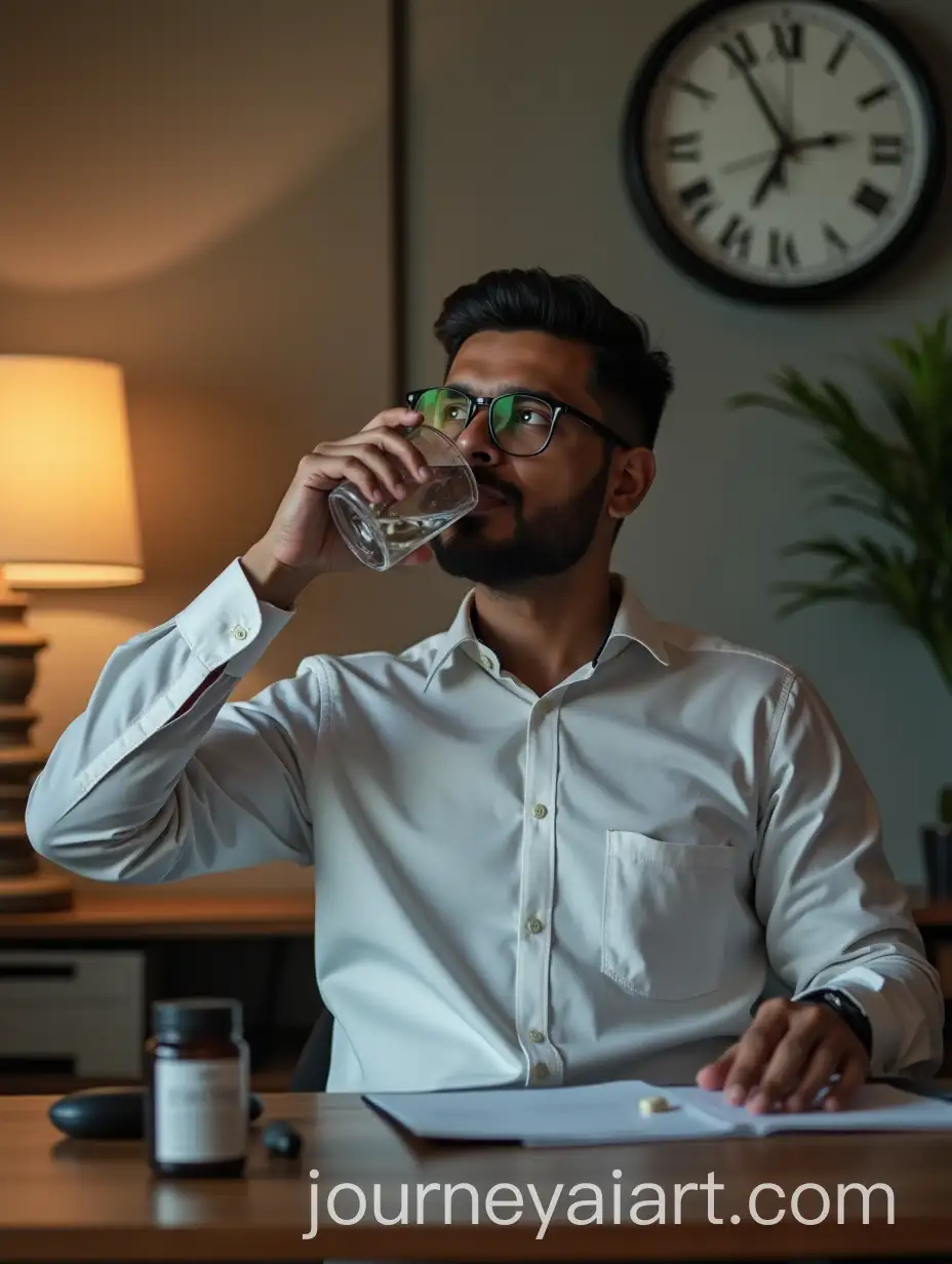 Indian-Man-Professional-Desk-Sipping-Water-Shilajit-Capsules-6-PM-Energetic