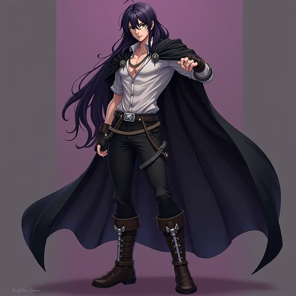 Cesar has very long dark purple hair and brown eyes with a hint of greenish tinge framed by some noticeable shadows under his eyes, he has a muscular and athletic physique (about 78 kg) but with the absence of his left arm which is made of darkness. He wears a one-shoulder black cloak with a belt on it, a non-elegant white shirt and black and silver trousers with high brown boots with straps and obviously his sword (anime, he is the demon prince of lust so he has a seductive and provocative gaze)