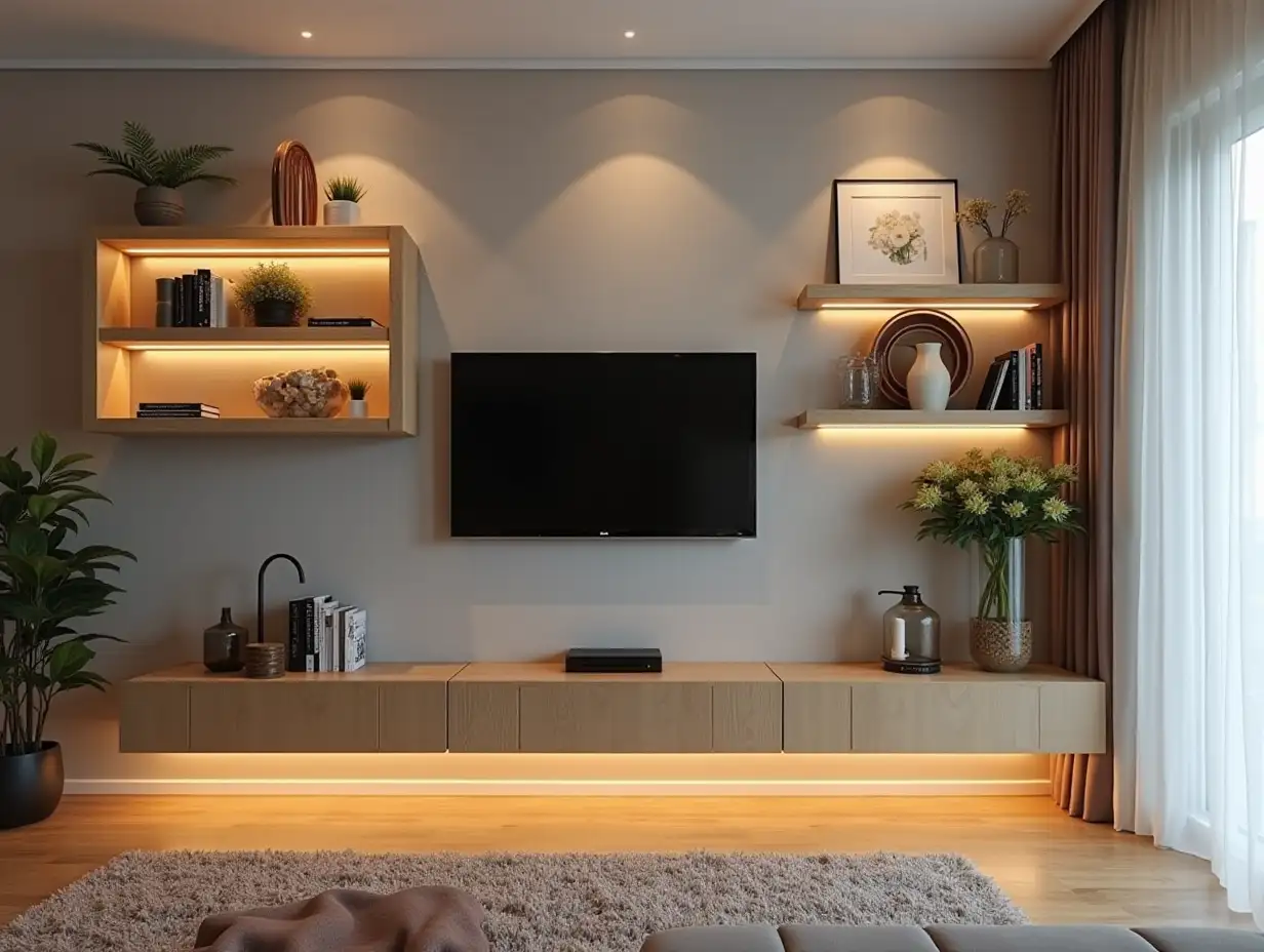 Interior of the living room, shelves on the wall, LED strip at the bottom