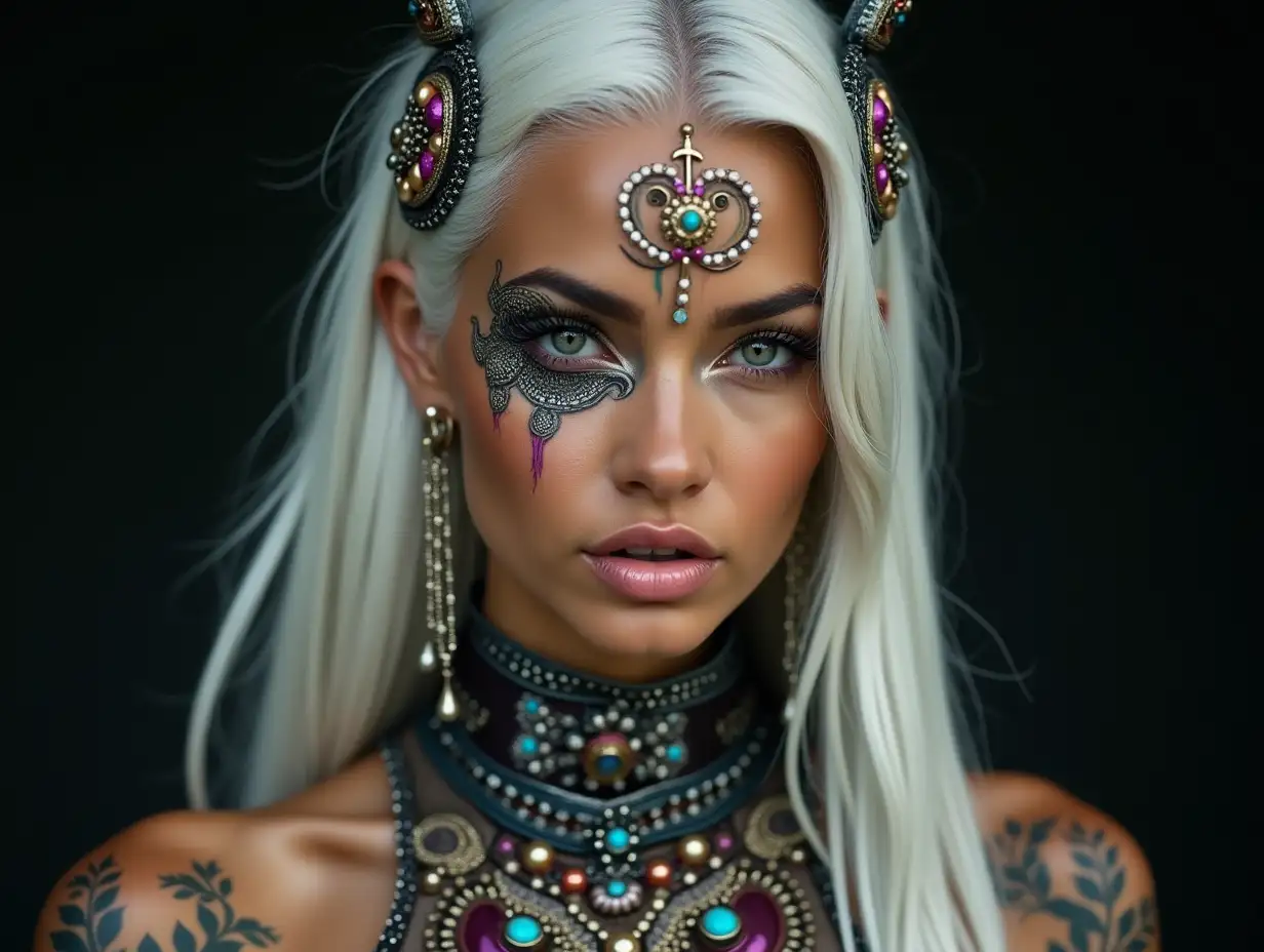 Depiction of a beautiful Brazil woman with a smile face-tattoo, futuristic long white and black-white hair and laced boots,with intricately detailed, colorful and futuristic jewelry.Blurred black background 120-mm shot