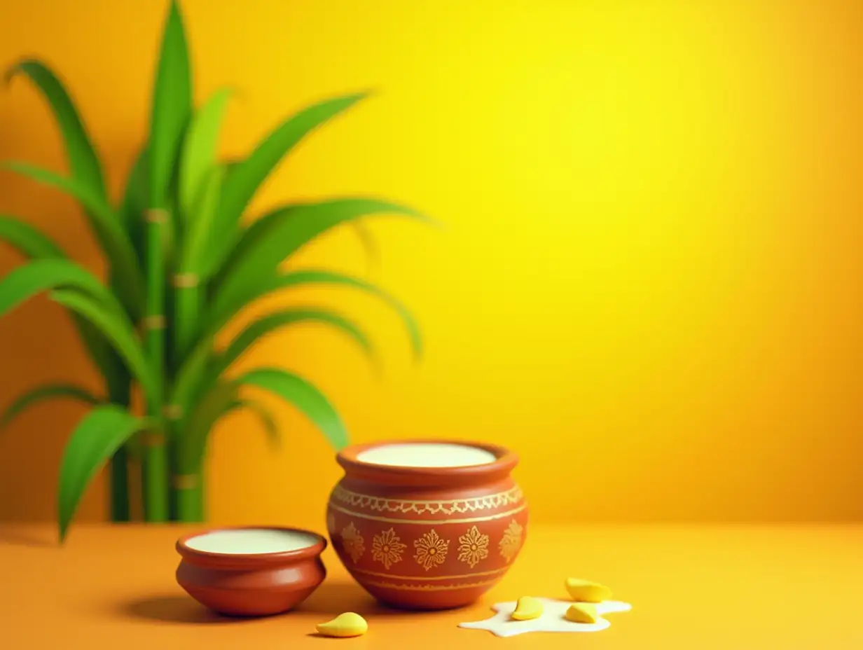 A festive Pongal scene featuring tall, vibrant green sugarcane plants standing gracefully in the background, symbolizing prosperity and celebration. In the foreground, a traditional clay pot filled with creamy milk is adorned with intricate floral patterns, with the cream spilling slightly over the edges. The background is a soft gradient of orange and yellow, blending seamlessly to evoke the warmth of the festival. The composition highlights the essence of Pongal with a clean, artistic aesthetic. Highly detailed, artistic, eye-catching, very attractive, 128k uhd