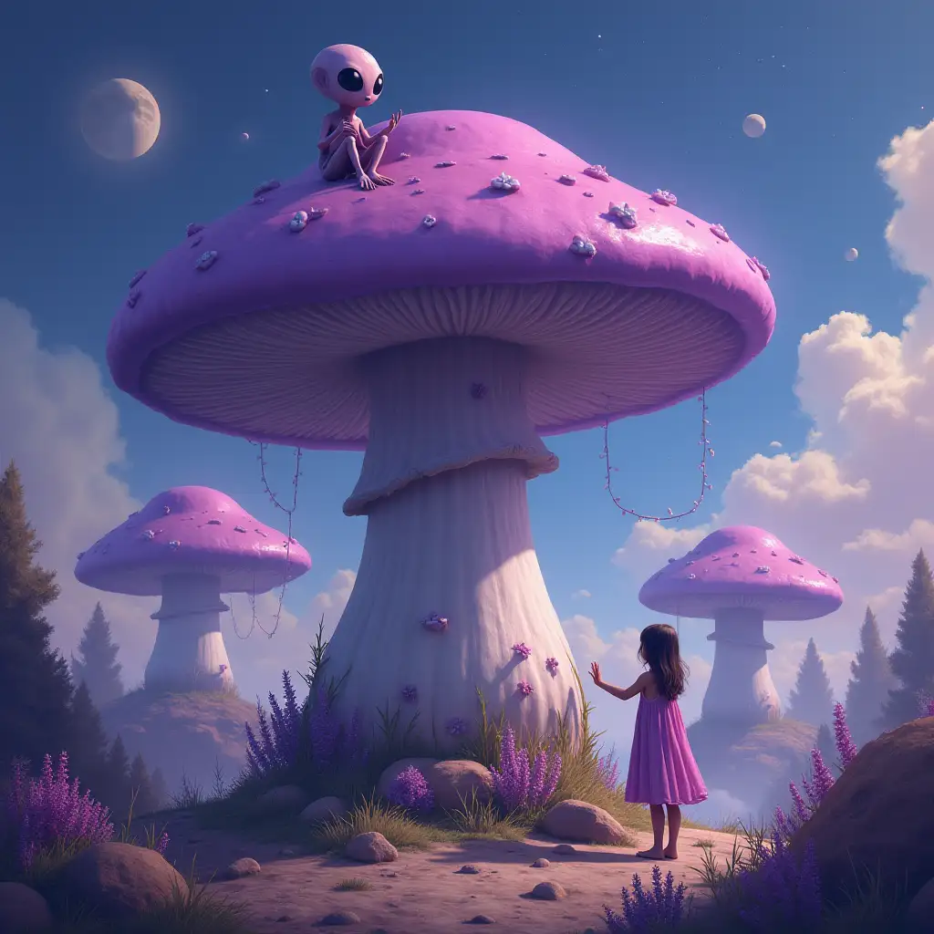 Alien-Princess-on-a-Purple-Mushroom-Planet-Reaching-for-Enormous-Fungi