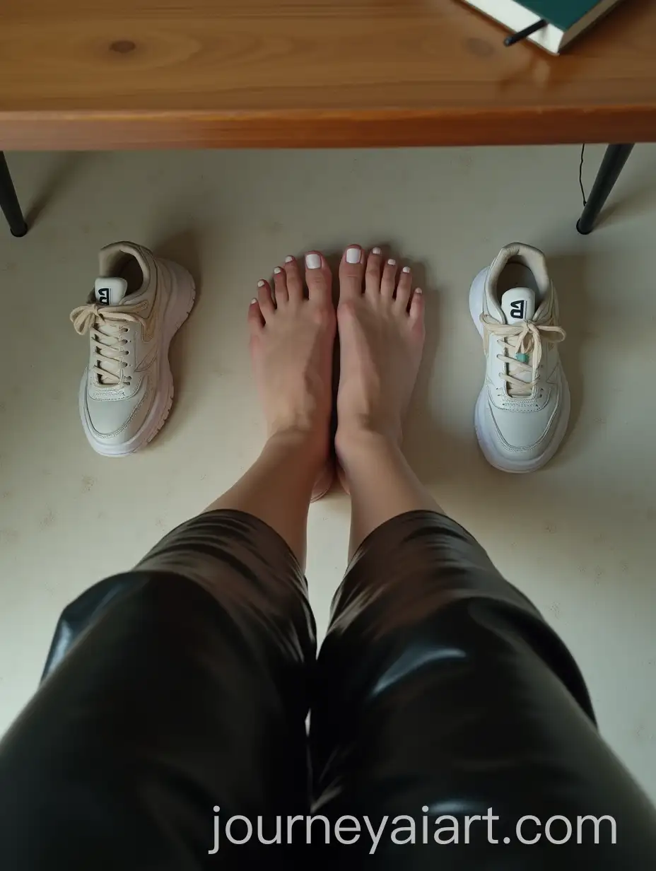 Girl-in-Black-Leather-Trousers-Sitting-Barefoot-at-University-Desk