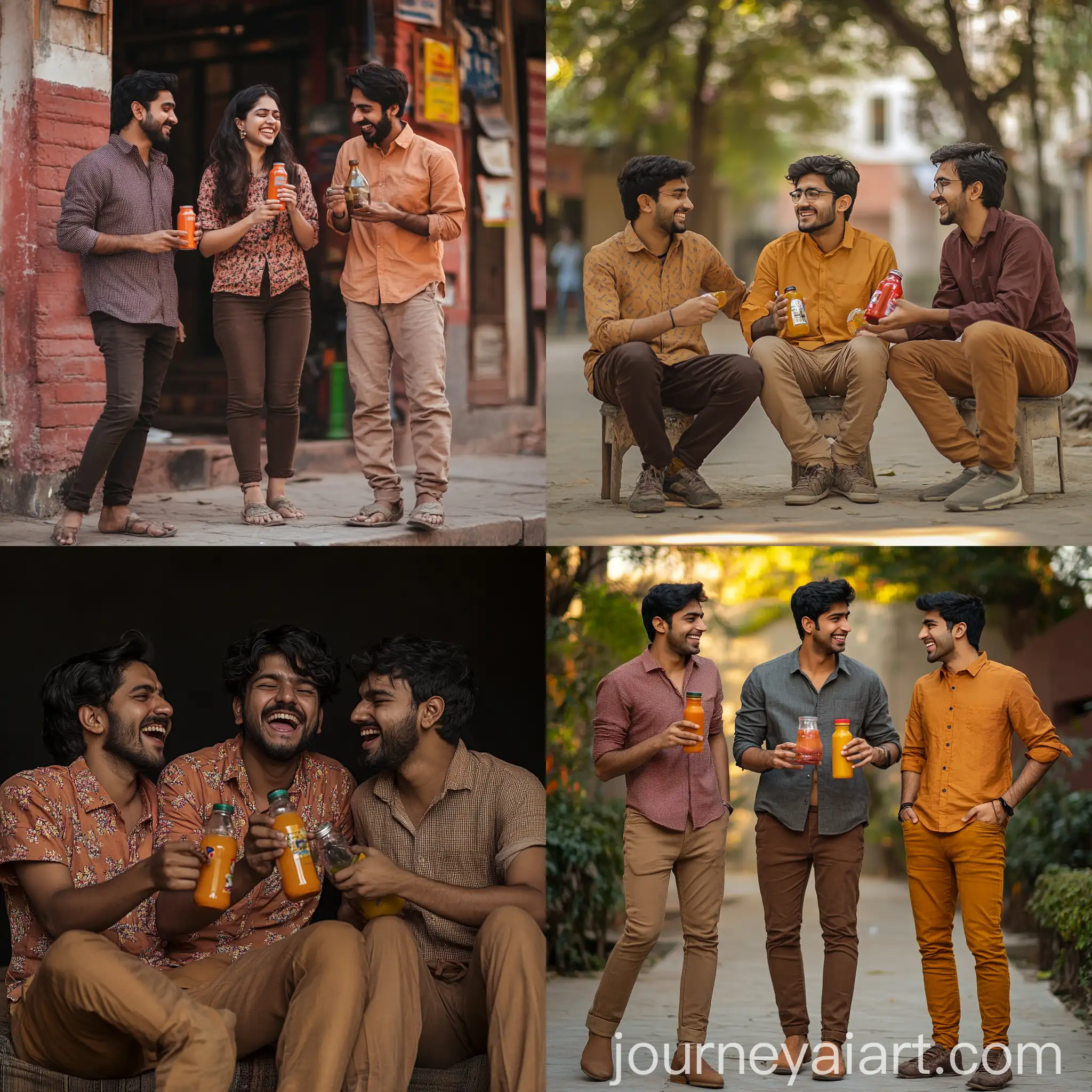 Three-Indian-Friends-Sharing-Juice-Bottle-with-Joy