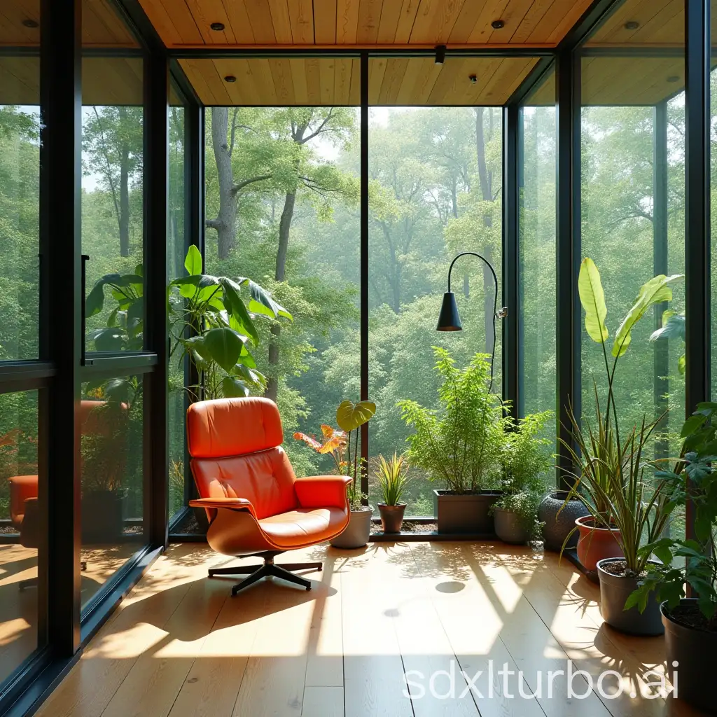 glass walled eames home verdant studio for hi-tech machine learning development and writing groundbreaking fiction. monstera. Frutiger Aero meets mid-century modern.