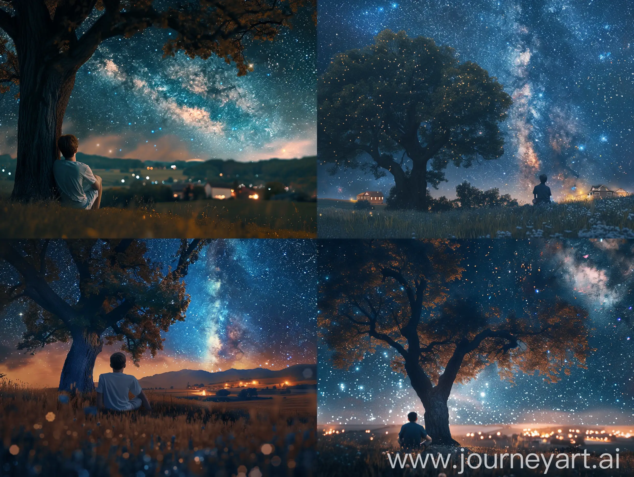 Young-Man-Contemplating-Under-Starry-Summer-Night-Sky-near-Oak-Tree-and-Town-Lights