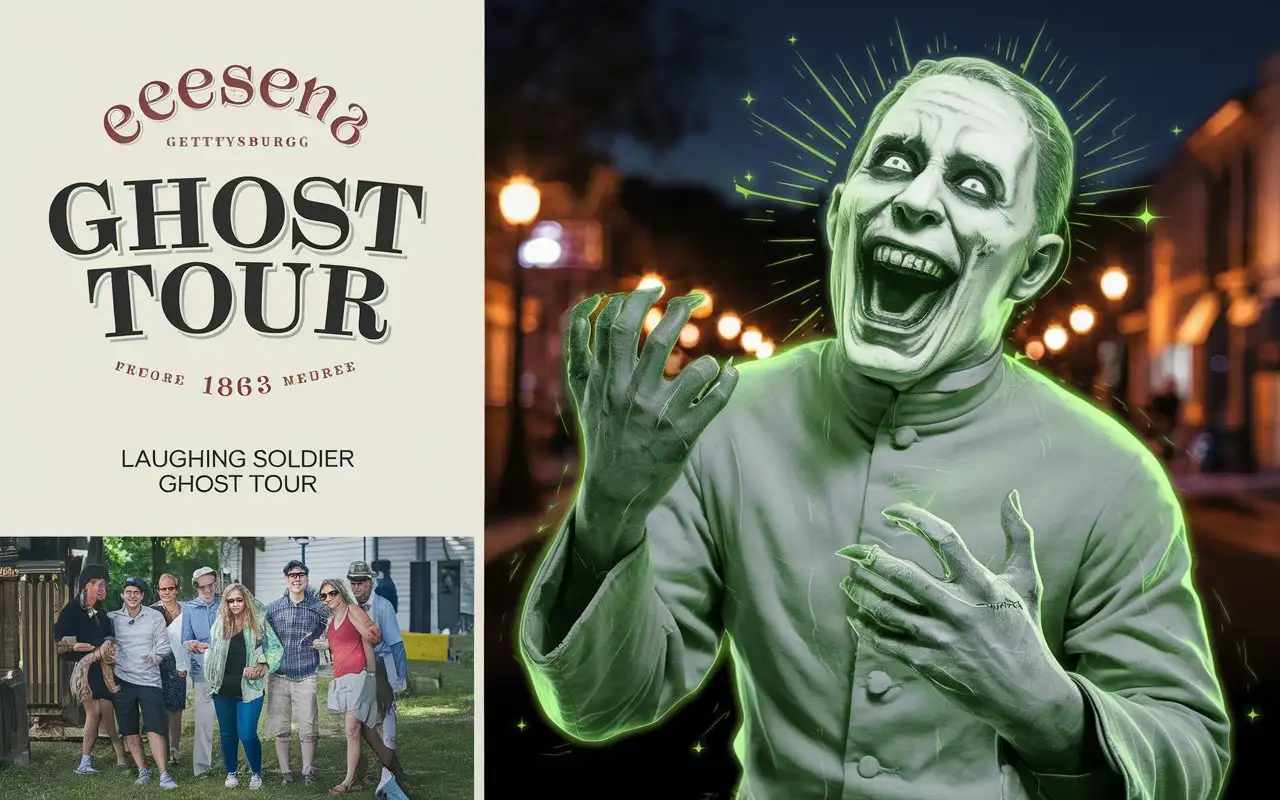 A clear full color advertisement depicting a  comedy ghost tour to be used in film for a specific impov film sequence used in the film that is fun for all ages with all of them next to a laughing ghost soldier. Show a image of group in a tour on left side in Gettysburg with text very clear in a logo with a font from 1863 modernized that is circular for the company and have the image showcase on the  a creepy ghost solider who is laughing so hard that it is infectious with him in full attire for the battle of Gettysburg in 1863 but show him as partially transparent and with his head reared up laughing so hard and blur the middle with a transition to make it look clear that this is what you may her on the tour and make sure subtext type shows laughing soldier ghost tour. The story of Timmy Talfor and insure he is ghostly transparent with green radiated edges seen int eh backdrop is Baltimore street at night. 