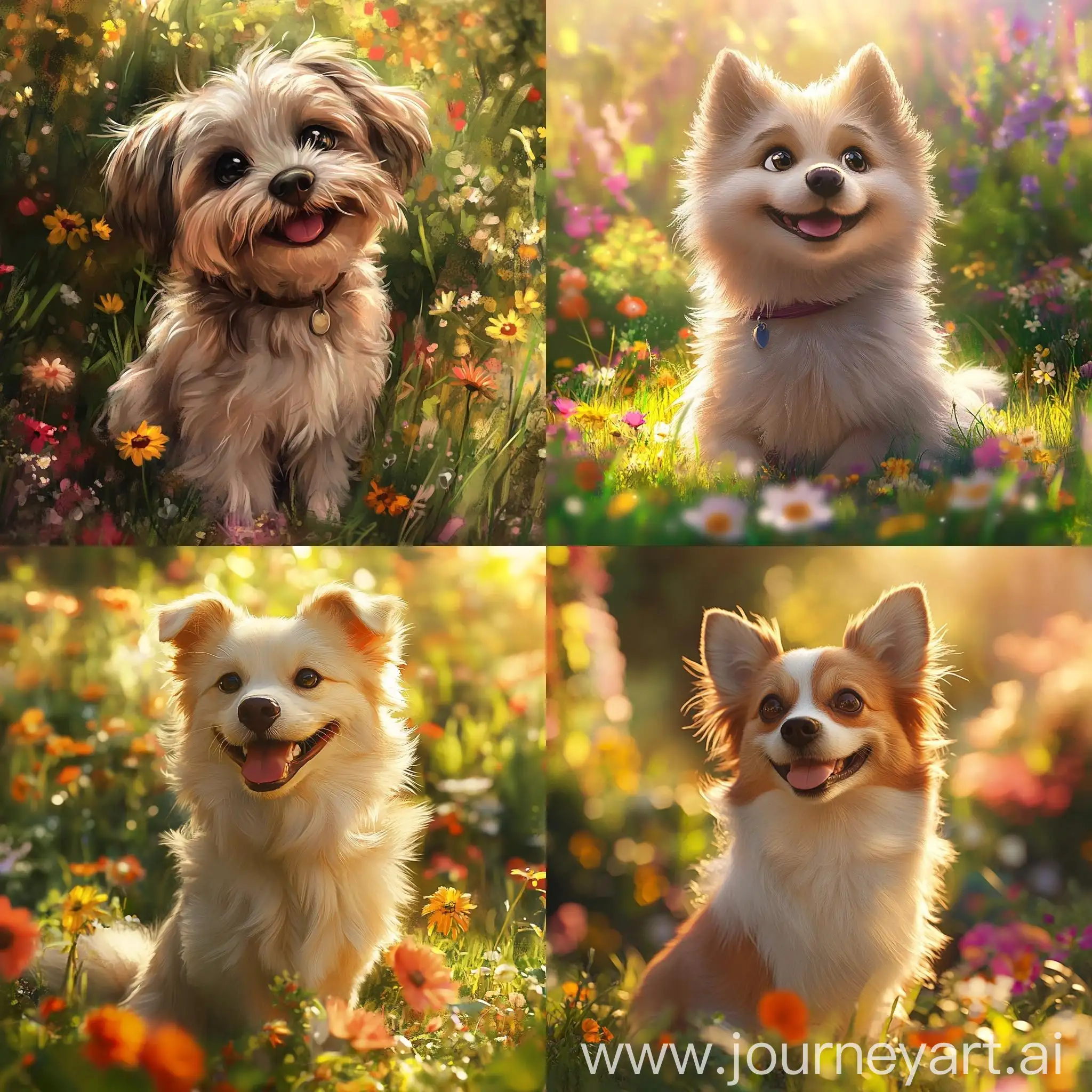 Adorable-Fluffy-Dog-Sitting-in-Cozy-Garden-with-Bright-Flowers