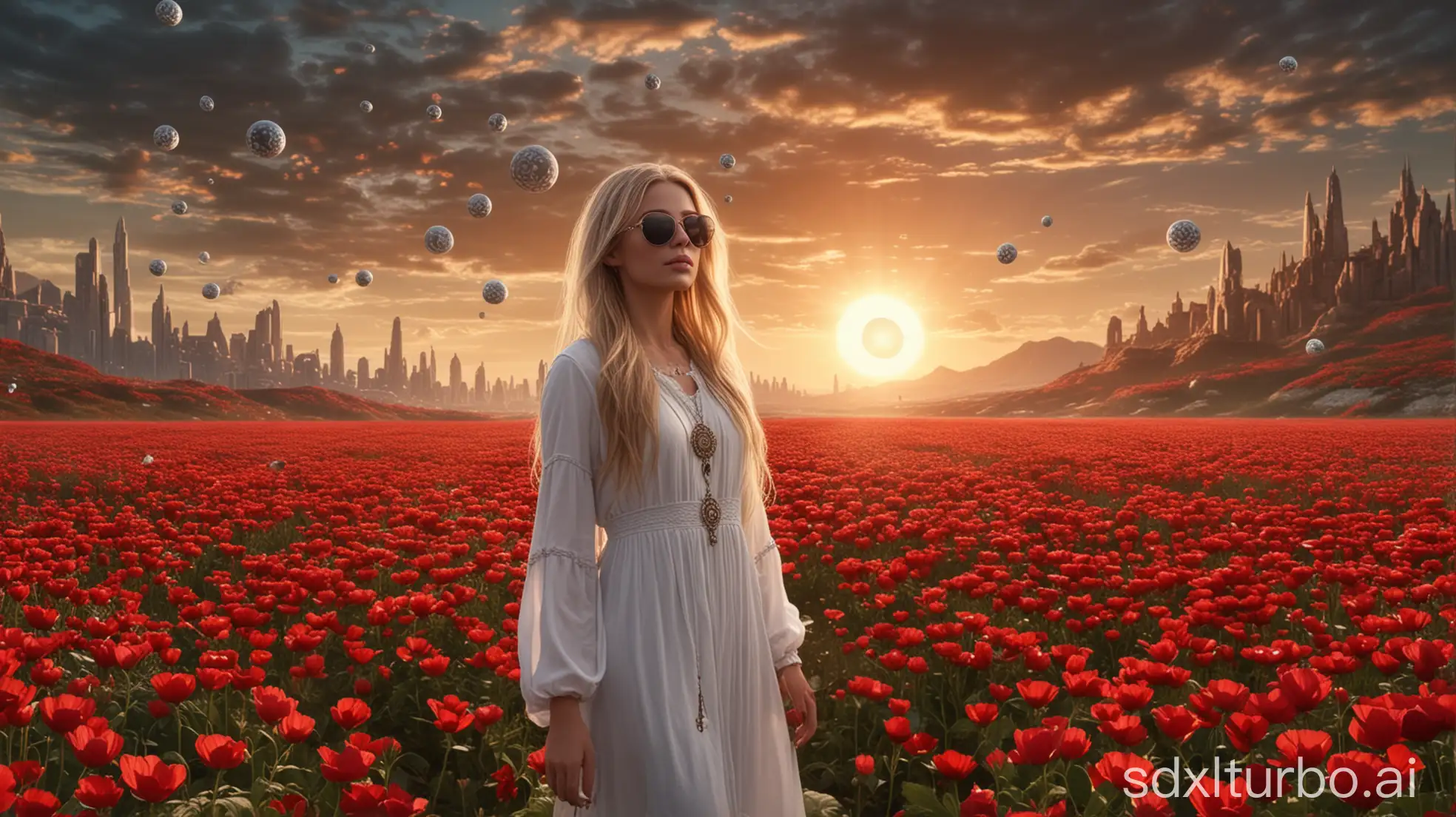 Blond-Woman-in-Magical-Tunic-Surrounded-by-Red-Flowers-and-UFOs-at-Sunset