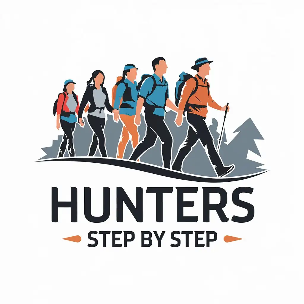 a vector logo design,with the text "Steppers hunters", main symbol:a vector logo design,with the text 'Hunters step by step', main symbol: group of people, tourists walking with a smile along the road, men and women, modern hiking clothes,Moderate,be used in Travel industry,clear background