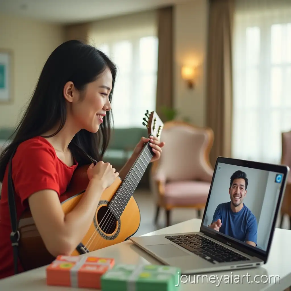 Asian-Woman-Playing-Acoustic-GuitarAI-Art-Prompt-Expansion-in-Bright-Hotel-Room-with-Laptop-and-Metaphorical-Bills