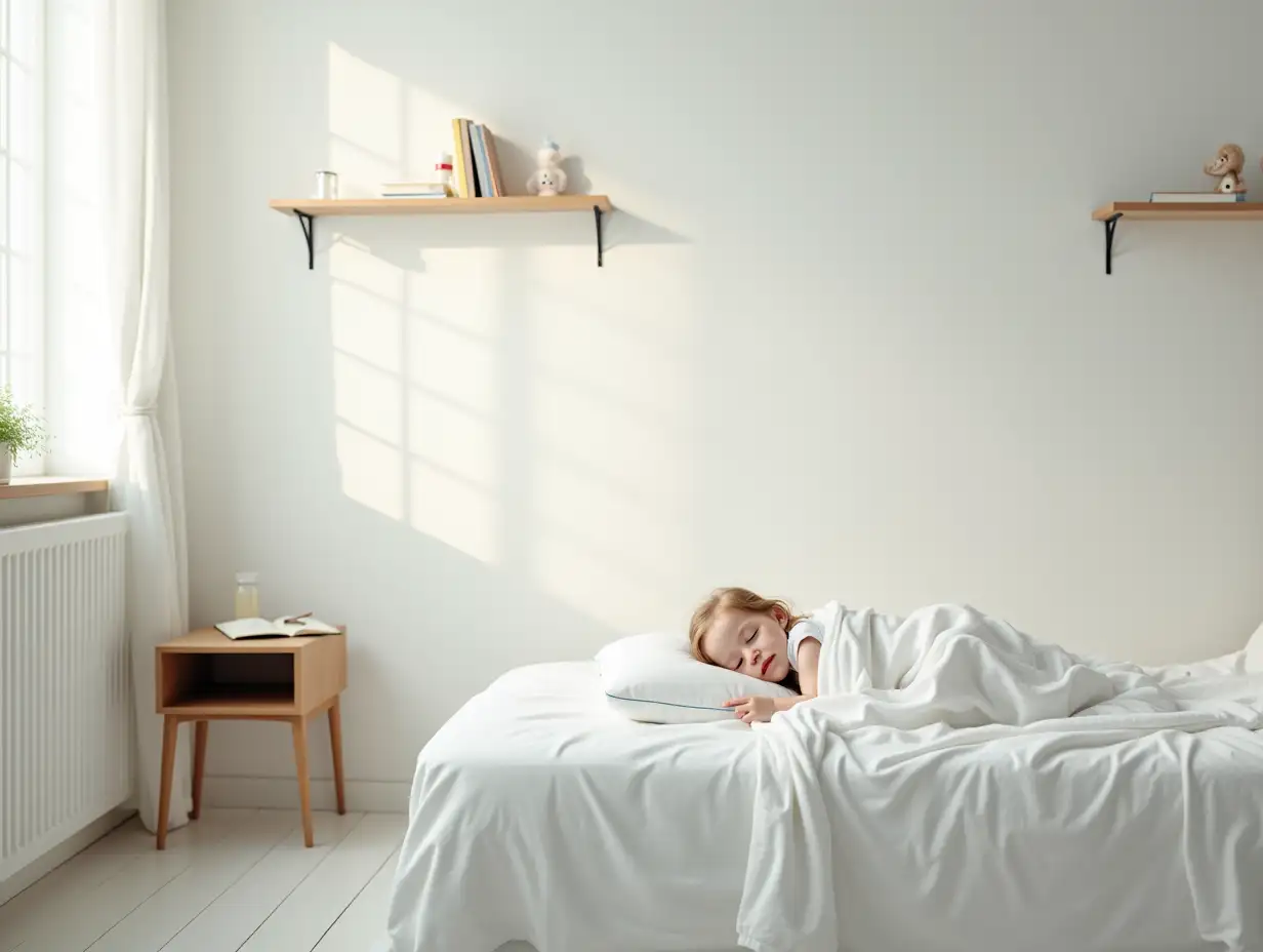 Imagine a serene, minimalist room dominated by a sense of tranquility and purity. At the center of this scene is a young, sick girl lying on a pristine white bed, tucked under a soft, fluffy blanket. The room is bathed in a gentle, ambient light coming through a single window, which casts soft shadows across the floor. The bed is neatly made with crisp, white linens that contrast delicately with the girl's pale complexion. Her delicate features are peaceful, despite her apparent frailty. She's surrounded by an aura of quietude and care, embraced securely by the warmth of the blankets. The room itself is simply furnished, emphasizing functionality and comfort. In the corner, partially veiled by a sheer curtain, stands a small wooden table with dark accents, holding a glass of water and some medicine bottles, a subtle reminder of her condition. On the walls, there is little decoration, providing an uncluttered view that enhances the serene atmosphere. However, a few shelves break the monotony, displaying a couple of well-loved children's books and a plush teddy bear, a touch of childhood innocence and comfort amid her recovery space. This scene captures a moment of stillness, where the white expanse of the room echoes a sense of calm and healing, and the presence of the girl, resting peacefully, embodies both vulnerability and hope. The ambiance invokes a gentle silence, as if time has momentarily paused to support her path to wellness.