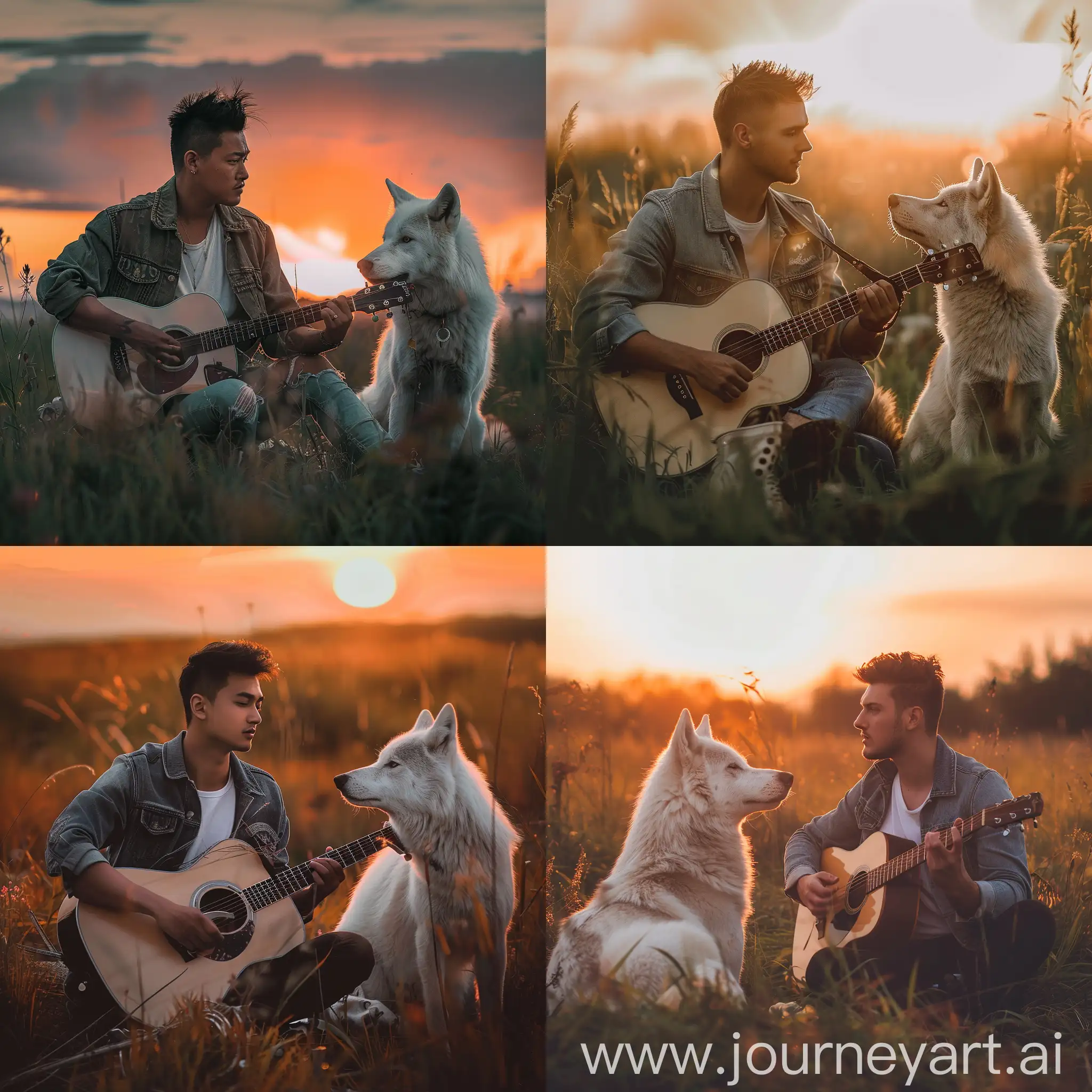 Man-Playing-Acoustic-Guitar-in-Grassy-Field-at-Sunset-with-White-Wolf