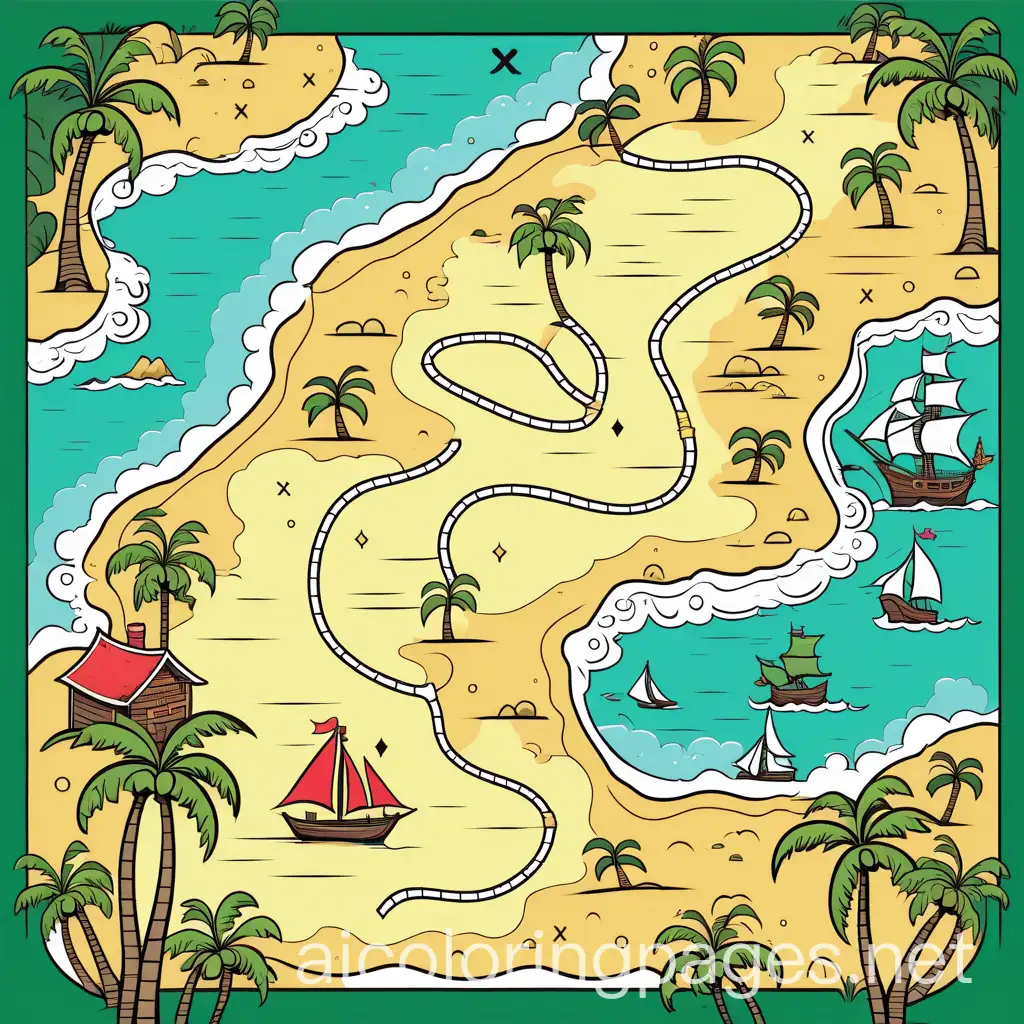An illustrated treasure map with an X marking the treasure spot, dotted paths, palm trees, and a small pirate ship in the corner. The design is bold and simple for easy coloring.