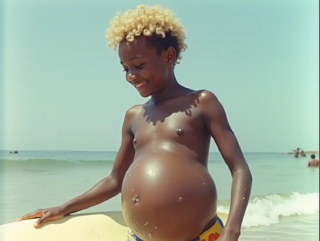 80s-TV-Commercial-Surfer-Kid-with-Curly-Blonde-Hair-and-Bloated-Belly-on-Beach