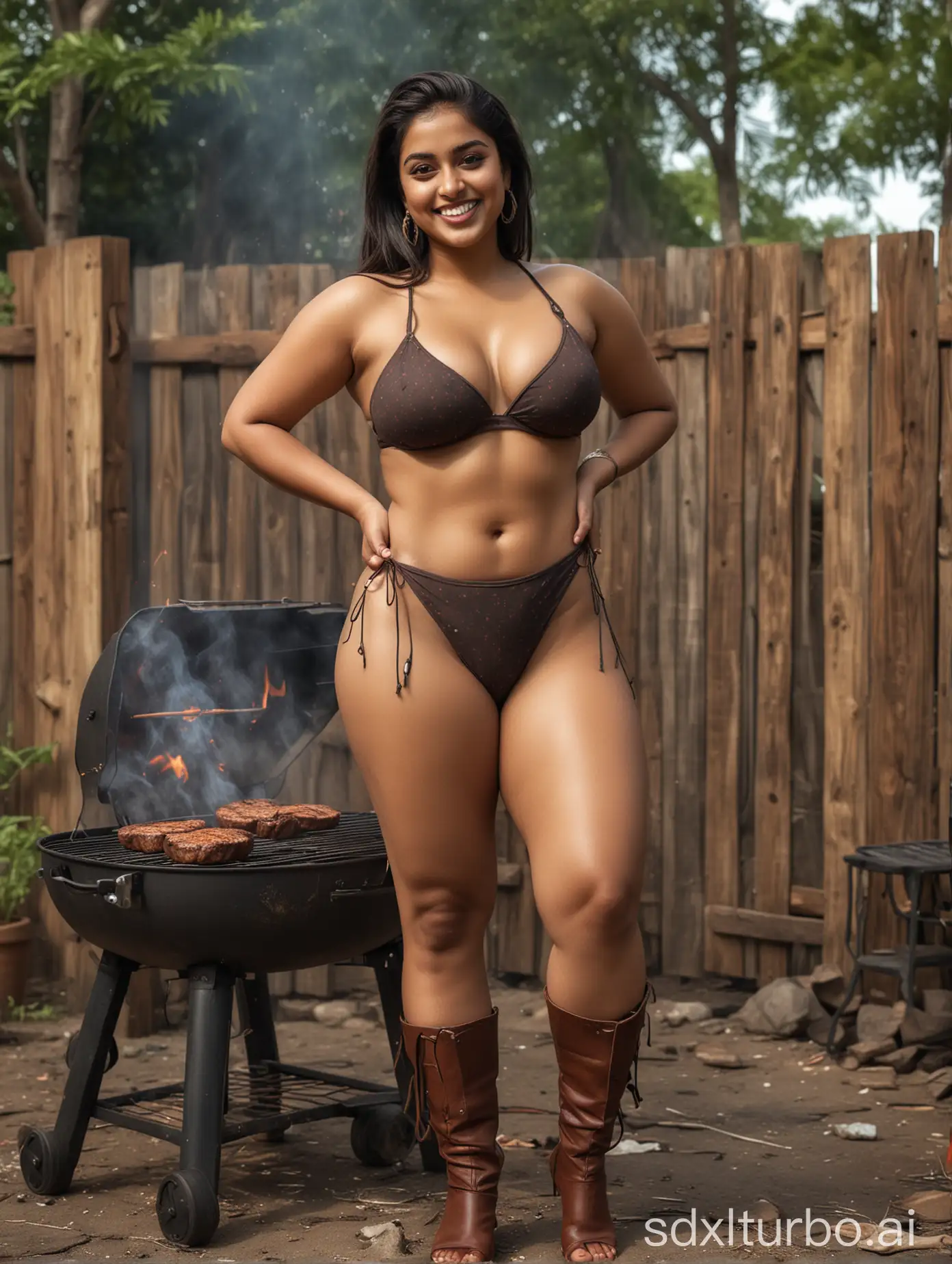 Curvy-Indian-Woman-Grilling-Steaks-in-Backyard-with-Dominant-Pose