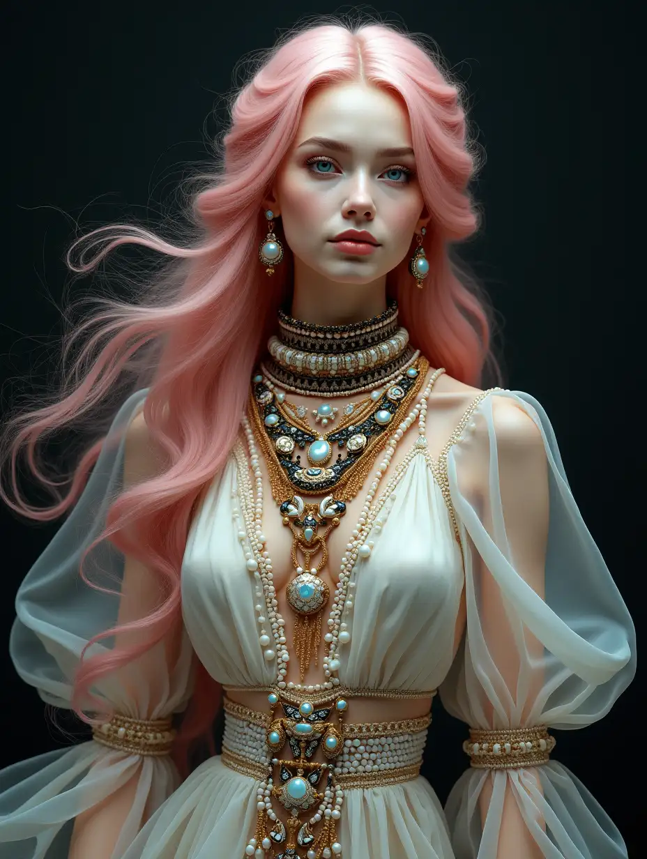 #PhotoStab 和 #FluxnA masterpiece of digital painting. The painting depicts a portrait of a woman. With pale skin and pinkish long hair in a fashionable hairstyle, in a blouse made of clear air, with sleeves and trains made of wind, shades of gray, black, brown, white and gold, jewelry made of numerous beads and pendants in the style of ethno and boho. Mother of pearl, wind, dynamics, splash art on a dark background.nA masterpiece of digital painting. The painting depicts a portrait of a woman. With pale skin and turquoise long hair in a fashionable hairstyle, in a blouse made of transparent air, with puffy sleeves and plumes of wind, shades of sand, black, sea wave, white and gold, jewelry made of numerous beads and pendants in the style of ethno and boho. Mother of pearl, shells, wind, dynamics, splash art on a dark background.