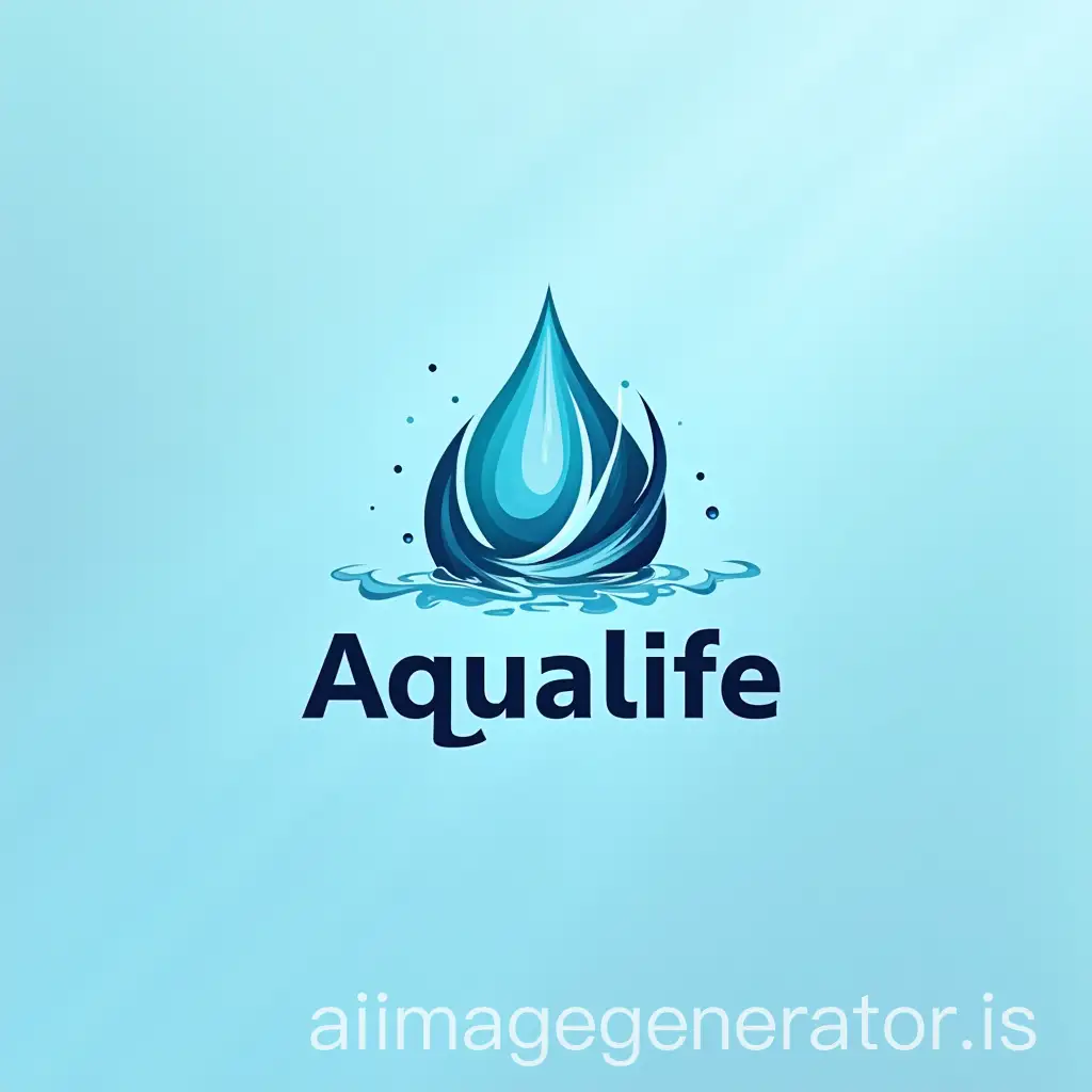 A modern and intricate logo for 'Aqualife,' featuring a dynamic water splash forming a stylized letter 'A.' The design should incorporate smooth, fluid lines, evoking a sense of purity and movement. A sleek, minimalistic droplet integrates into the typography, creating a seamless blend of nature and innovation. The color scheme includes deep ocean blue, turquoise, and a hint of silver for a premium, elegant look. Below the logo, 'Aqualife' is written in a futuristic, clean sans-serif font with subtle wave-inspired curves. The background is a soft gradient, enhancing the water-themed aesthetics. The overall feel should be high-end, eco-friendly, and innovative.