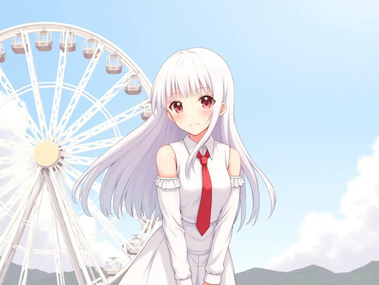 red necktie, 1girl, long hair, smile, necktie, ferris wheel, detached sleeves, solo, holding, looking at viewer, skirt, outdoors, shirt, ahoge, sky, white hair, uniform, red eyes, bangs, closed mouth, white skirt, cloud, long sleeves, brown eyes, collared shirt