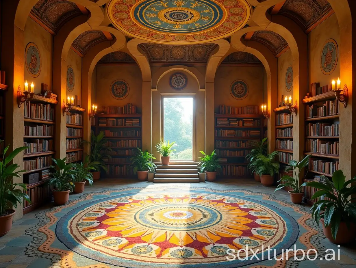 Interior-of-Yoga-Temple-with-Mandala-Carpet-and-Green-Plants