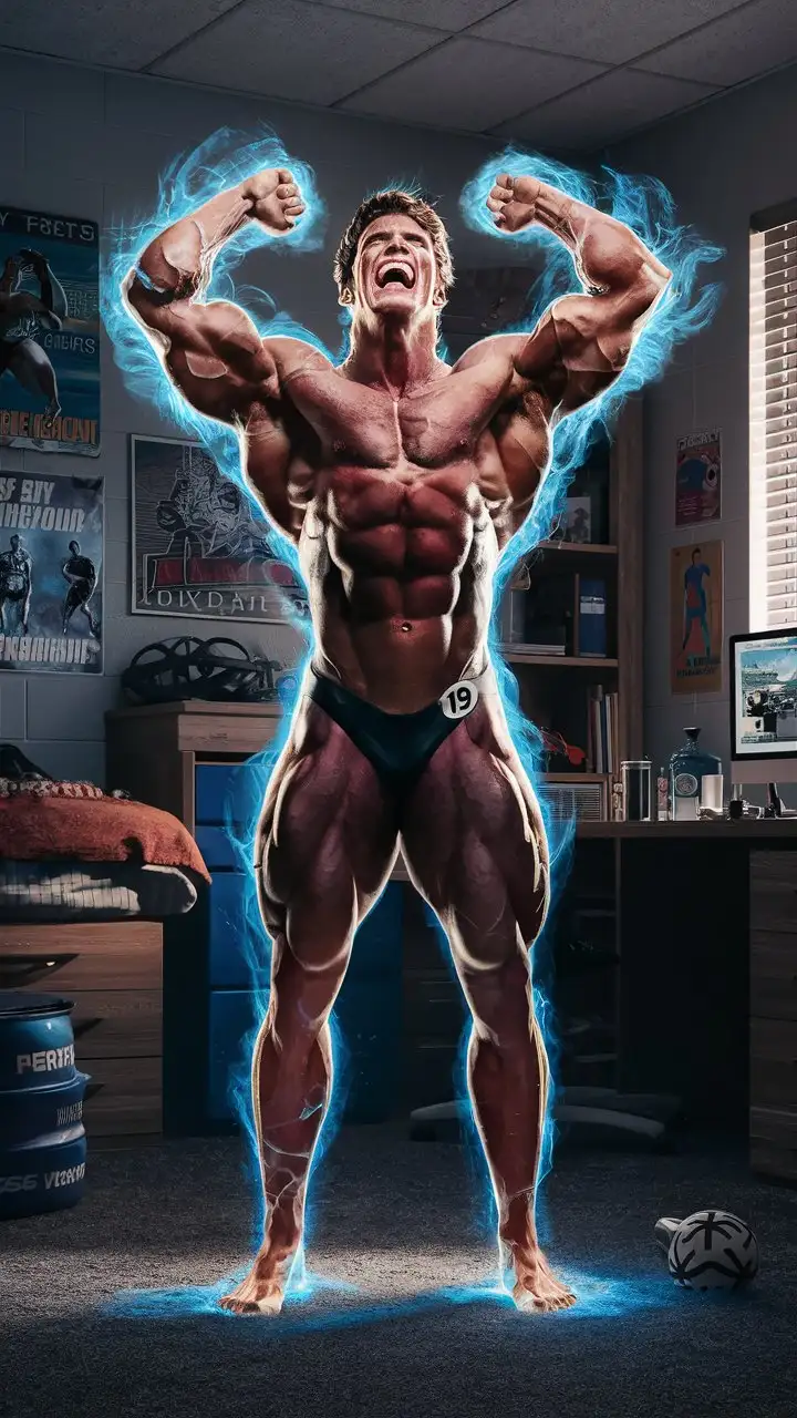 Powerful-Bodybuilder-Surrounded-by-Luminous-Blue-Energy-in-Dorm-Room