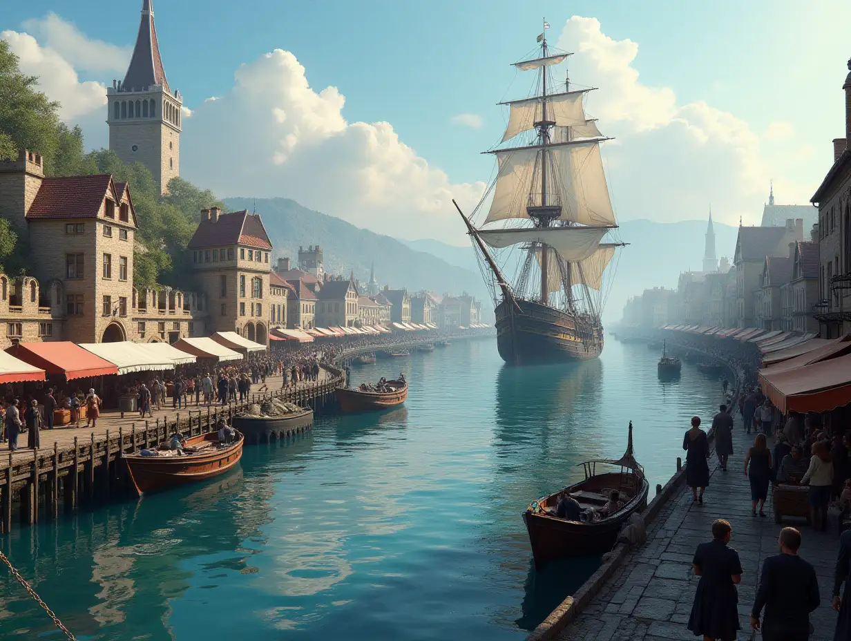 Create a photorealistic image of a city, with a large harbor, with a marketplace, with people and a large sailing ship, 8K resolution