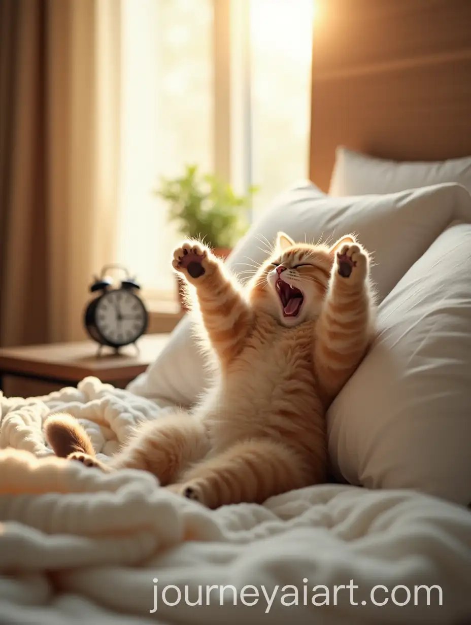 Fluffy-Cat-Stretching-in-a-Cozy-Bed-with-Morning-Sunlight