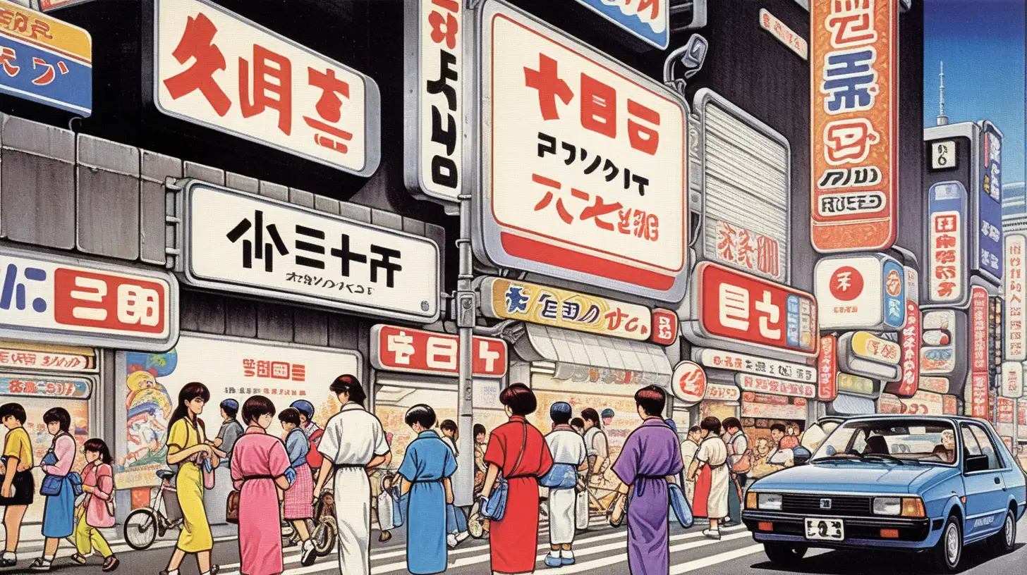 Tokyo Street Scene with Vintage Video Game and 80s Magazine Illustration Style