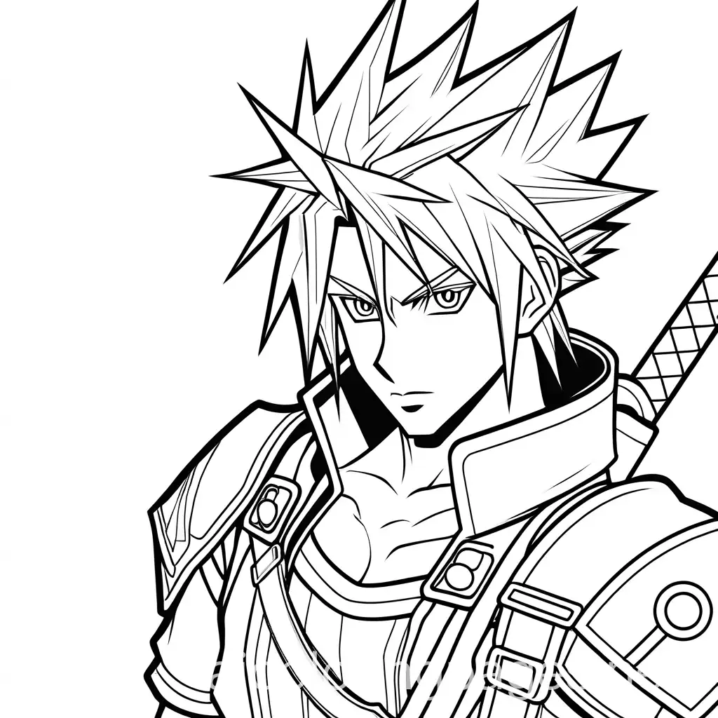 Cloud-Strife-Coloring-Page-Black-and-White-Line-Art-on-White-Background