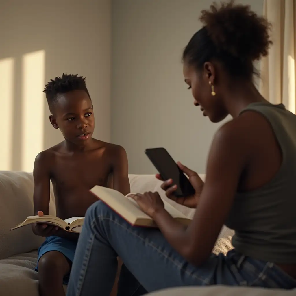 Black-Boy-and-Woman-Conversing-inAI-Image-Expansion-Living-Room-with-Open-Book-and-iPhone