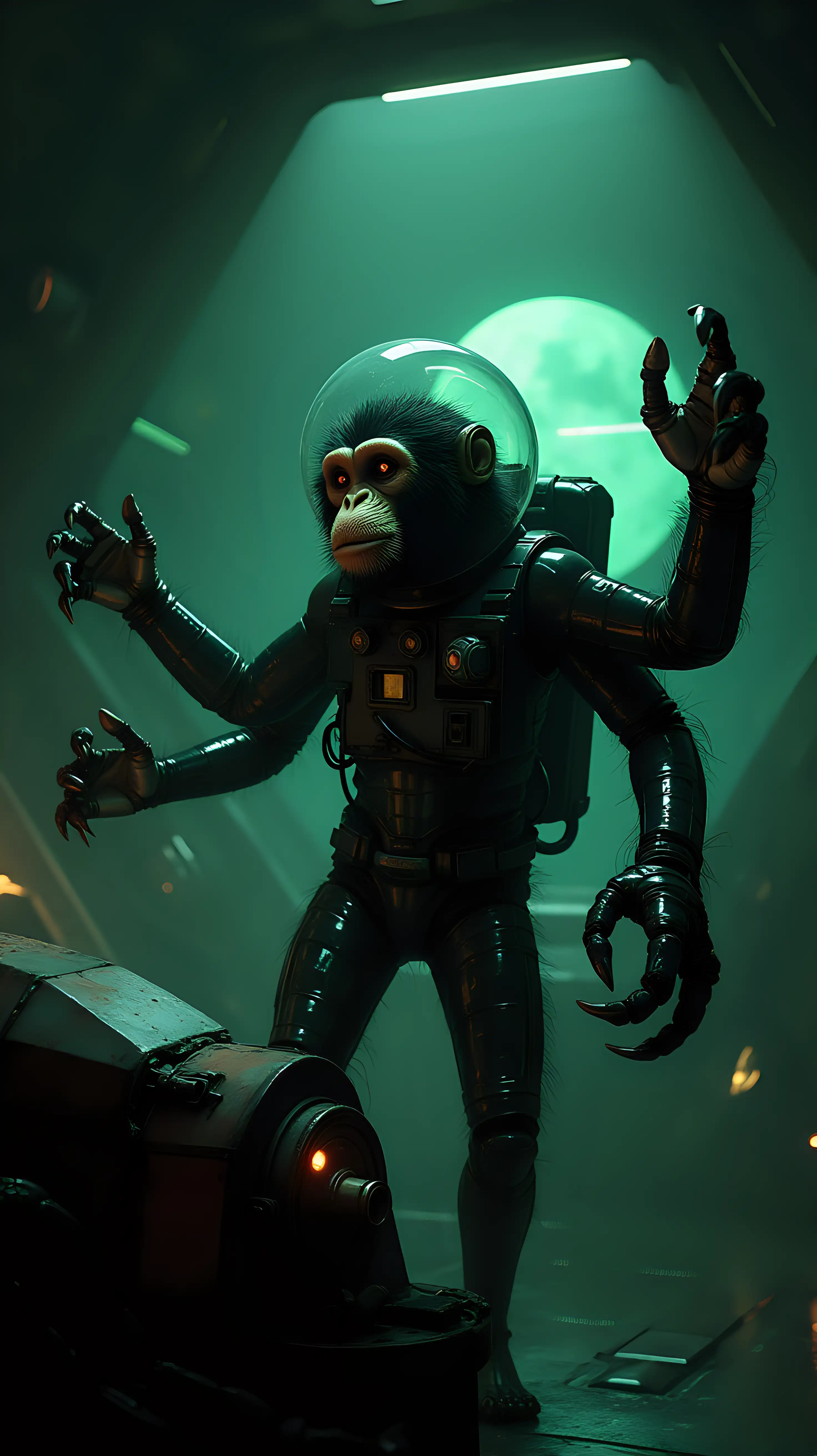 FourArmed-AnimalRobot-Hybrid-Monkey-in-Space-Suit-Operating-Controls-on-Gloomy-Spaceship